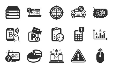 Online accounting, Servers and Survey results icons simple set. Pie chart, Parking security and Start business signs. Car leasing, Swipe up and Exam time symbols. Flat icons set. Vector