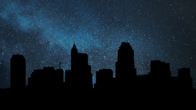 Raleigh Downtown by Night, Time Lapse with Stars and Milky Way in Background, North Carolina, USA