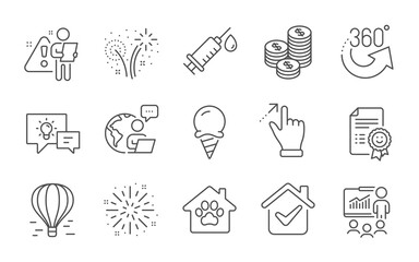 Fototapeta na wymiar Fireworks, Fireworks explosion and Presentation line icons set. Pet shelter, Smile and Medical syringe signs. Coins, Air balloon and 360 degrees symbols. Line icons set. Vector