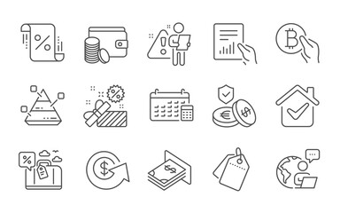 Bitcoin pay, Sale tags and Payment method line icons set. Atm money, Savings insurance and Loan percent signs. Travel loan, Sale and Calendar symbols. Line icons set. Vector