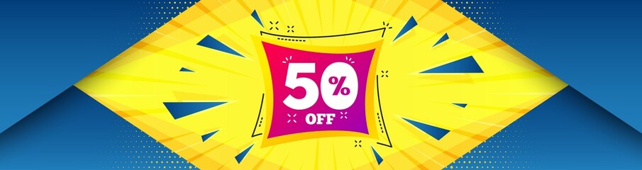 Sale 50 percent off banner. Abstract background with offer message. Discount sticker shape. Coupon bubble icon. Best advertising coupon banner. Sale 50 badge shape. Abstract yellow background. Vector