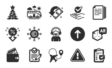 Cashback, Rfp and Christmas tree icons simple set. Approved, Discount and Checklist signs. Debit card, Swipe up and Airplane symbols. Copy documents, Support and Bus travel. Flat icons set. Vector