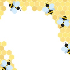 Beehive cells flat style vector background. Cartoon bees isolated on white. Summer honey design for party invitation, packaging design, business card, print, greeting card, textile etc.