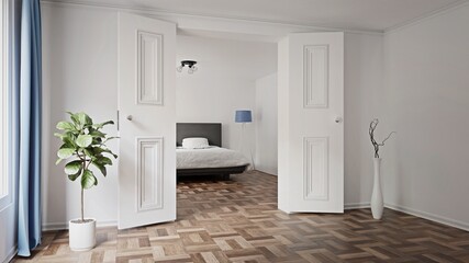 luxury bedroom with blue accents and plants. 3d render