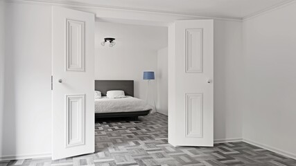 white bedroom with blue accents