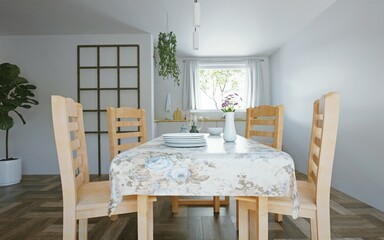 interior of a small kitchen. wooden chairs in the kitchen.