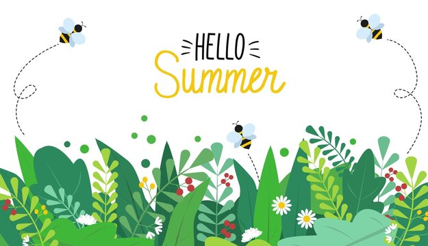 Summer background with colorful green leaves, bees and flowers on white background. Spring vector flat style template for banner, flyer, wallpaper, brochure, greeting card. Cartoon vector illustration