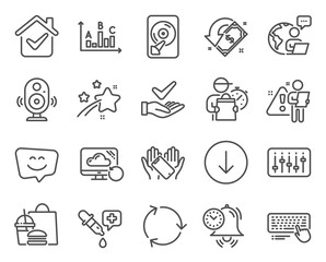 Technology icons set. Included icon as Chemistry pipette, Recovery cloud, Speaker signs. Computer keyboard, Time management, Survey results symbols. Cashback, Scroll down, Recycling. Hdd. Vector