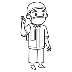 Muslim Boy Character Wearing Cap and Face Mask. Vector Illustration. Coloring Book Illustration.