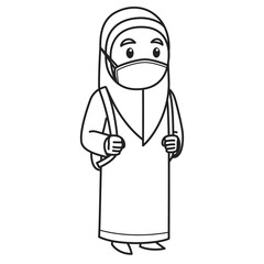 Muslim Girl Character Wearing Hijab and Face Mask. Vector Illustration. Coloring Book Illustration.