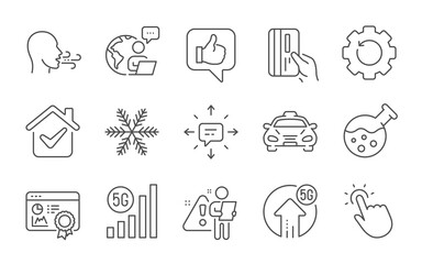 Like, Breathing exercise and Touchpoint line icons set. Seo certificate, Chemistry lab and Sms signs. Recovery gear, 5g wifi and 5g upload symbols. Payment card, Snowflake and Taxi. Vector