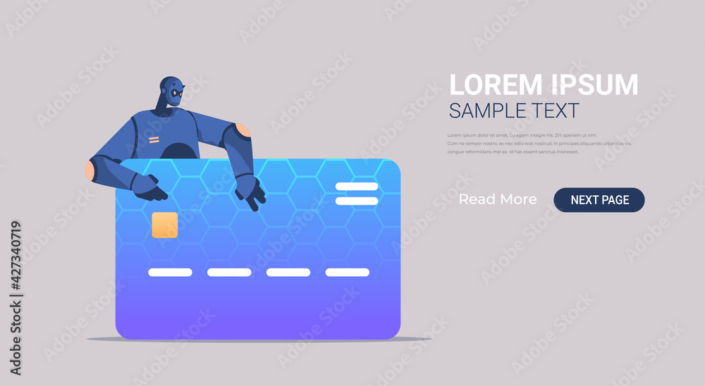 Poster black robot hacking data privacy security information of credit card artificial intelligence concept