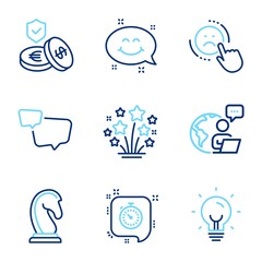 Business icons set. Included icon as Energy, Smile chat, Timer signs. Fireworks stars, Marketing strategy, Savings insurance symbols. Dislike, Speech bubble line icons. Line icons set. Vector