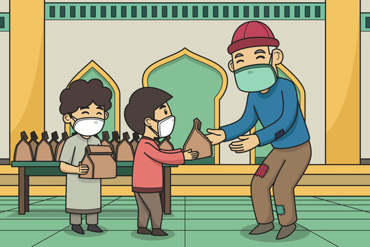 Day of Shadaqah Distribution by Children to Poor People in the Courtyard of a Mosque. Vector Illustration. Children Book Illustration.