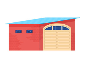Contemporary solid garage, beautiful door, building for storage transport, cartoon style vector illustration, isolated on white.