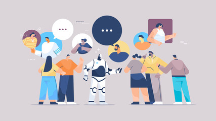 cute robot discussing with mix race people during meeting chat bubble communication artificial intelligence technology