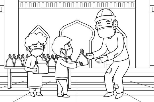 Day of Shadaqah Distribution by Children to Poor People in the Courtyard of a Mosque. Vector Illustration. Coloring Book Illustration.
