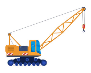 Construction crane machine technique, vehicle truck, isolated on white, forklift car, industrial bulldozer, flat style vector illustration. Heavy equipment, backhoe, material loading