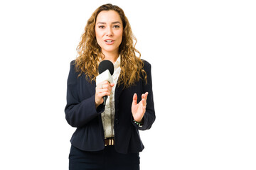 Female reporter speaking and broadcasting the news