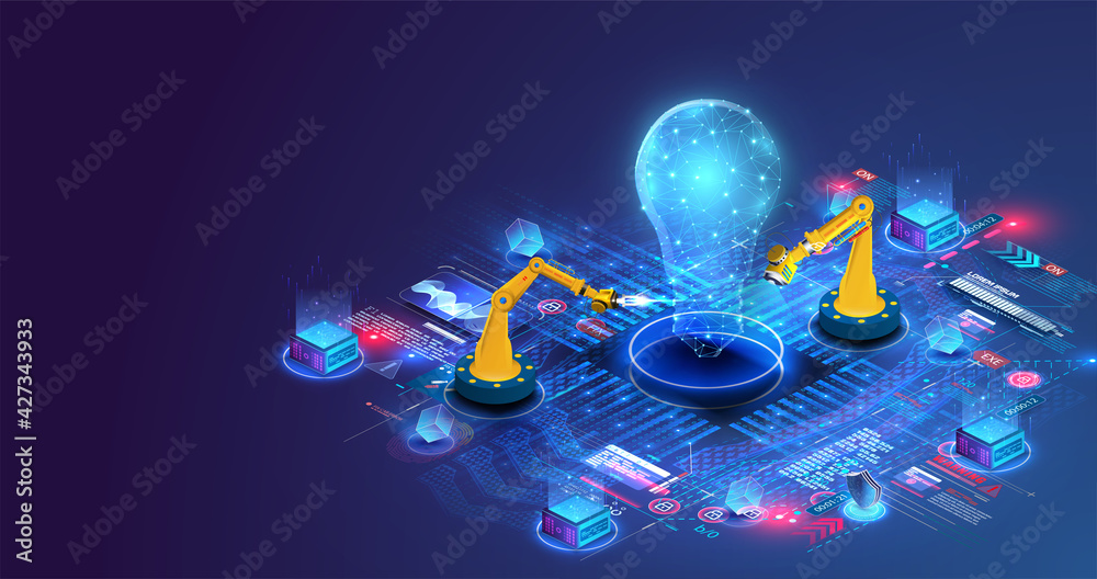 Aufkleber Production automation technology. Industrial mechanical robot hand machine projects a light bulb as a symbol of a new idea. Vector illustration