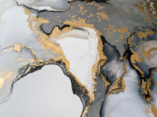 Abstract grey art with gold — marble background with beautiful smudges and stains made with alcohol ink and golden pigment. Black and white fluid texture resembles rock, stone, watercolor or aquarelle