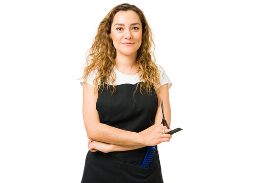 Attractive Hair Stylist Smiling And Proud Of Her Work