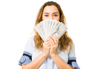 Attractive woman earning a lot of money for her work