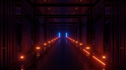 3D rendering of cool futuristic tunnel pattern in vibrant neon orange and blue colors