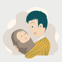 Father's day flat design cute character, dad holding his baby, smiling at his child