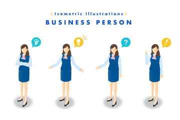 アイソメトリックイラスト 女性会社員の立ち姿セット 吹き出しアイコン付き