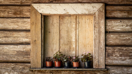 Fototapeta na wymiar wooden hut window with vase