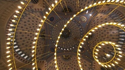 Kahramanmaras Turkey.
Inside of the Abdulhamithan Mosque.
The ceiling decorations of the large and new mosque and the shooting of the large chandelier with lights. 4K. - Powered by Adobe