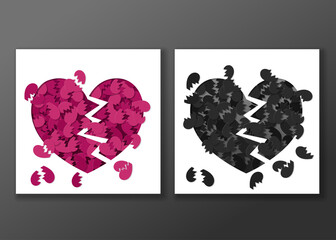 Broken heart and cracked heart papercut illustration