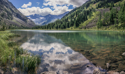 Wild lake in the Altai mountains. Summer day, reflected in the water.