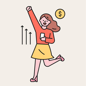 A woman is delighted with the stocks going up. flat design style minimal vector illustration.
