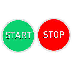 red and green button on white background. start and stop button set. round web buttons.
