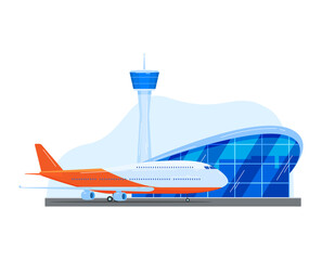 Landing on plane in modern airport, transport on takeoff line, design cartoon style vector illustration, isolated on white.
