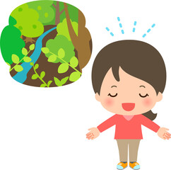 深呼吸する若い女性と森林のイメージ