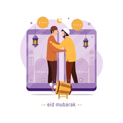 Vector illustration Muslims people communicates through mobile applications or video calls for Eid Mubarak greetings and celebrate