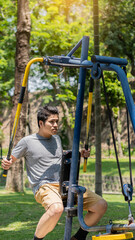 Young Asian men exercising in the park