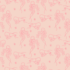 Seamless Pattern with Shrimp and Octopus