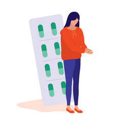 Sad Woman Taking Antidepressants. Mental Illness And Depression Treatment Concept. Vector Flat Cartoon Illustration. Young Girl Suffer From Depression And Anxiety.