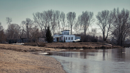 Obraz premium Boat station on the river. Ust-Kamenogorsk (Kz). 2021.