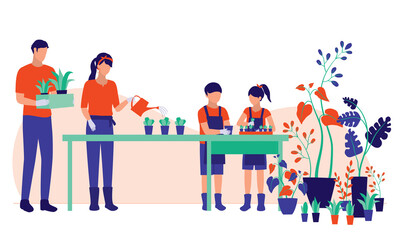Family Gardening Together. Family Bonding And Healthy Lifestyle Concept. Vector Illustration Flat Cartoon. Dad Help Carrying Plants. Mom Watering Plants. Kid Transfer Plant To A Bigger Pot.