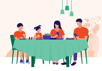 Parents Using Phones While Having Meal With Children. Poor Family Communication And Technology Addiction Concept. Vector Illustration Flat Cartoon. Father And Mother Ignoring Their Children.