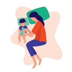 Mother Cuddles Her Baby To Sleep. Parenting Concept. Vector Illustration Flat Cartoon. Mom And Infant Sleeping Side By Side.