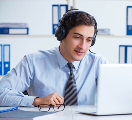 Call center operator talking to customer on live call