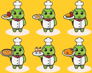 Fototapete Roboter Vektorillustration des netten kleinen Schildkröten-Chefs mit Nahrungsmittelkarikatursatz. Gut für Symbol, Logo, Etikett, Aufkleber, Clipart.