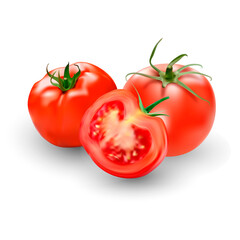 Tomato set. Red tomato collection. Photo-realistic vector tomatoes on transparent background.