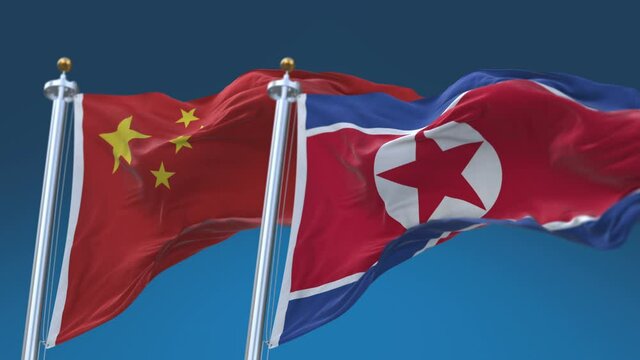4k Seamless North Korea and China Flags with blue sky background;A fully digital rendering;The animation loops at 20 seconds;DPRK CHN CN.